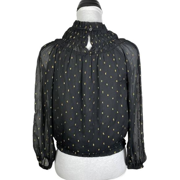 Ann Taylor | Black Chiffon Metallic Clip Smocked Ruffle Neck Top Career Blouse - Picture 5 of 13